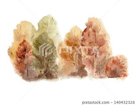 Autumn forest grove with golden leaves on trees watercolor illustration isolated. Artistic hand drawn orange woodland landscape for seasonal design. Nature background with fall foliage and forest. Autumn forest grove with golden leaves on trees watercolor illustration isolated. Artistic hand drawn orange woodland landscape for seasonal design. Nature background with fall foliage and forest. 140432328