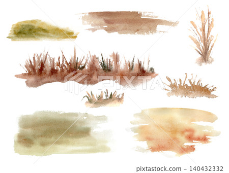Set of watercolor autumn splash glade and grass elements isolated. Dry brown herbal grass and strokes for fall rustic design in earthy tones. Hand painted seasonal drawing objects for nature scene. Set of watercolor autumn splash glade and grass elements isolated. Dry brown herbal grass and strokes for fall rustic design in earthy tones. Hand painted seasonal drawing objects for nature scene. 140432332