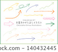 A set of hand-drawn style arrow vectors created with colored pencils and pens. 140432445