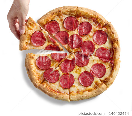 Hand Taking a Slice of Freshly Baked Pepperoni Pizza Isolated on White background 140432454