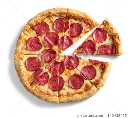 freshly baked pizza salami on white background, top view freshly baked pizza salami on white background, top view 140432455