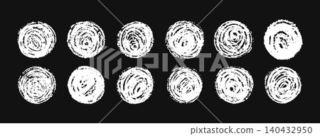 Set of white grunge circles on dark background. Japanese rising sun. Retro stamp or icon collection. Vector illustration 140432950