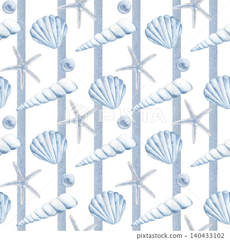 Seamless pattern with watercolor seashells, starfish and blue stripes on white. Hand drawn nautical illustration for beach-themed party decor, wrapping paper, summer fabrics and coastal designs. Seamless pattern with watercolor seashells, starfish and blue stripes on white. Hand drawn nautical illustration for beach-themed party decor, wrapping paper, summer fabrics and coastal designs. 140433102