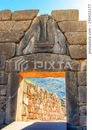 Lion's gate, the main entrance of the citadel of Mycenae. Archaeological site of Mycenae in Peloponnese, Greece Lion's gate, the main entrance of the citadel of Mycenae. Archaeological site of Mycenae in Peloponnese, Greece 140433177