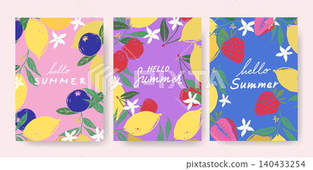 Set of three colorful summer posters with tropical fruit and floral decoration Set of three colorful summer posters with tropical fruit and floral decoration 140433254