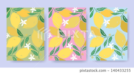 Set of three colorful lemon patterns with leaves and flowers on pastel backgrounds 140433255