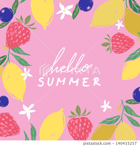 Hello Summer fruit pattern with strawberries, lemons and blueberries Hello Summer fruit pattern with strawberries, lemons and blueberries 140433257