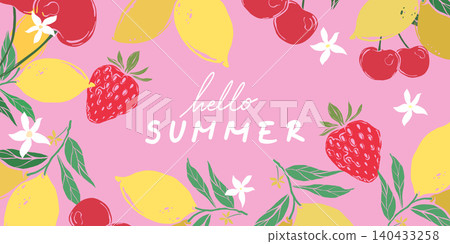 Summer fruit pattern with lemons, cherries, strawberries, and flowers Summer fruit pattern with lemons, cherries, strawberries, and flowers 140433258