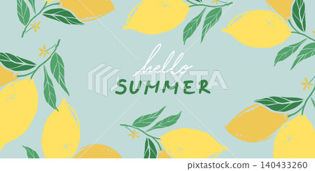 Hand-drawn lemons and green leaves on pale blue background Hand-drawn lemons and green leaves on pale blue background 140433260