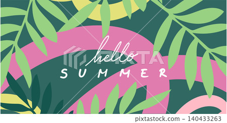 Tropical leaf pattern with handwritten hello summer center Tropical leaf pattern with handwritten hello summer center 140433263