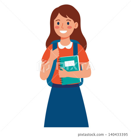 Young Girl Smiles While Holding a Notebook and Wears a Backpack in a Cheerful Manner Young Girl Smiles While Holding a Notebook and Wears a Backpack in a Cheerful Manner 140433395