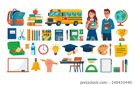 School Supplies and Activities With Students, Bus, and Learning Tools in Bright Colors 140433440