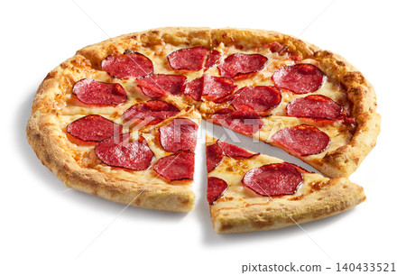 freshly baked sliced whole pizza salami on white background 140433521