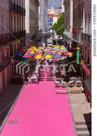 Colorful Umbrella Installation Above Pedestrian Street in Lisbon Portugal Colorful Umbrella Installation Above Pedestrian Street in Lisbon Portugal 140433660