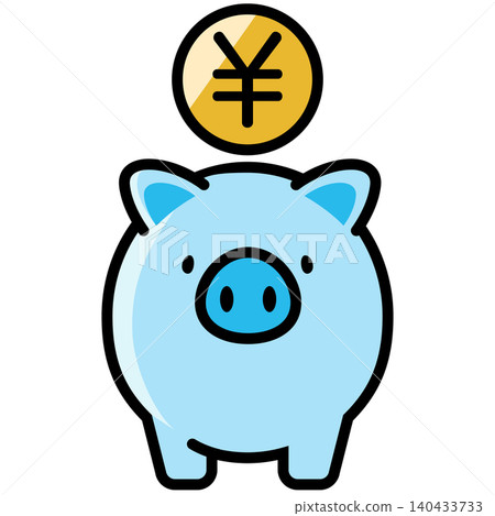 可愛的小豬存錢筒和日圓硬幣 可愛的小豬存錢筒和日圓硬幣 140433733