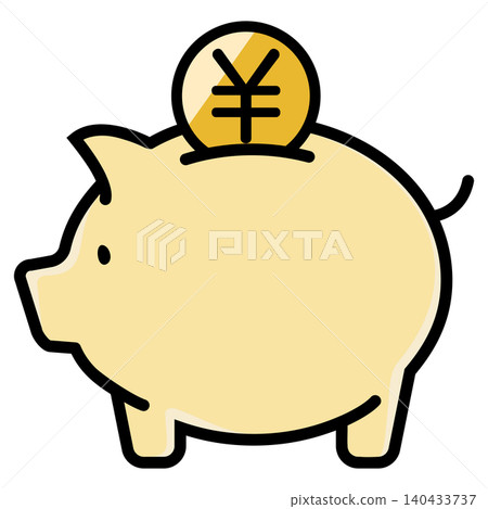 可愛的小豬存錢筒和日圓硬幣 140433737