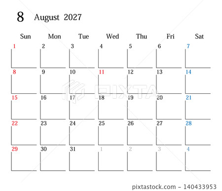 日本曆2027年8月 日本曆2027年8月 140433953