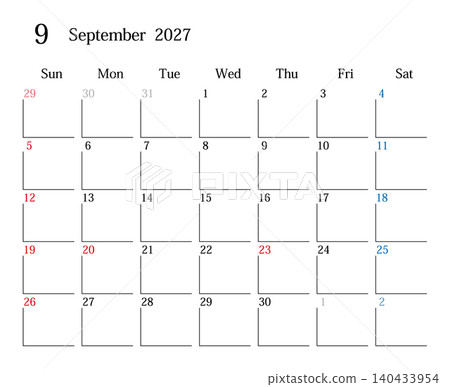 日本曆2027年9月 日本曆2027年9月 140433954