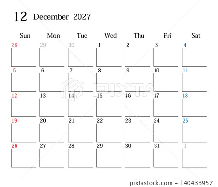 日本曆2027年12月 日本曆2027年12月 140433957
