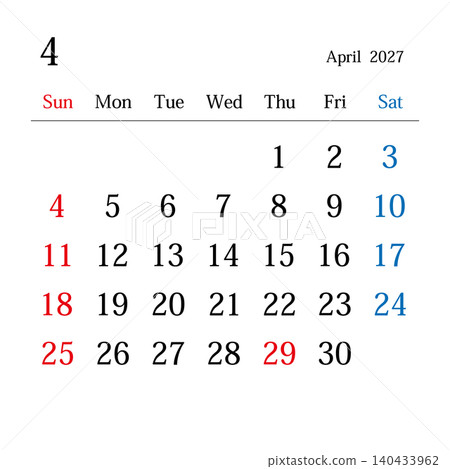 日本日曆,2027年4月 日本日曆,2027年4月 140433962