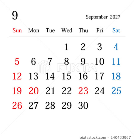 September 2027, Japanese calendar September 2027, Japanese calendar 140433967