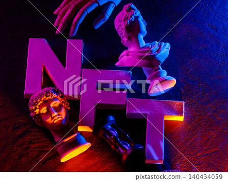 Classical marble busts with neon NFT letters illuminated by vibrant pink and blue lighting Classical marble busts with neon NFT letters illuminated by vibrant pink and blue lighting 140434059