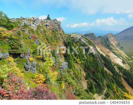 秋日景色：淺間山外緣和蛇骨嶽山頂。 140434833