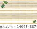 Watercolor illustration of blue maple leaves and a bamboo blind background. 140434887