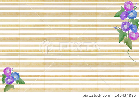 Watercolor morning glories and a horizontal background of a bamboo blind. 140434889