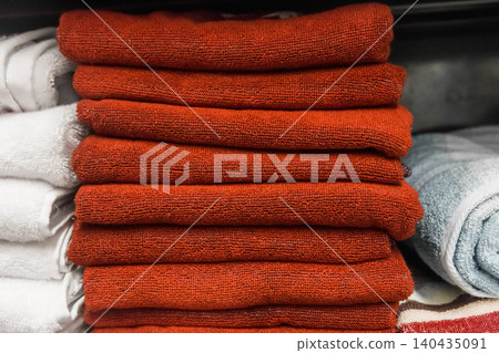 Red clean towels soft hygiene home object bathroom cloth background Red clean towels soft hygiene home object bathroom cloth background 140435091