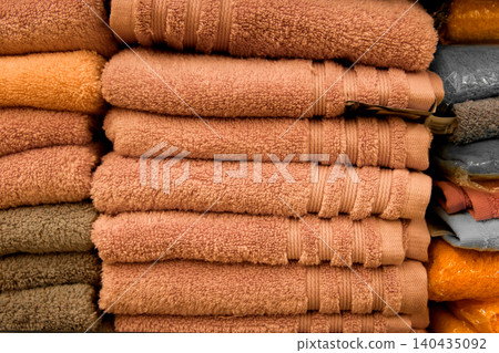 Brown warm color beige clean towels soft hygiene home bathroom background Brown warm color beige clean towels soft hygiene home bathroom background 140435092