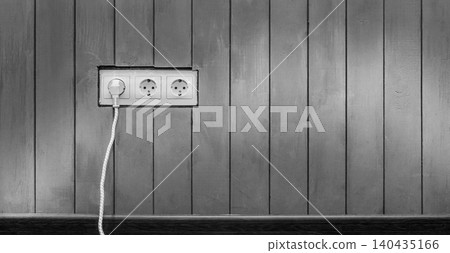 Connect power energy plug cable outlet grey wooden wall surface European design Connect power energy plug cable outlet grey wooden wall surface European design 140435166