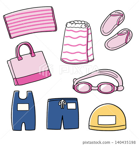 Illustration set of swimming pool equipment (pink) Illustration set of swimming pool equipment (pink) 140435198