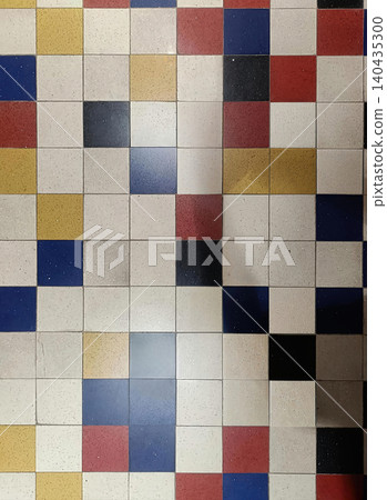 Colored tile mosaic pattern with square ceramic surface and geometric grid design 140435300