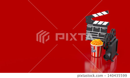 Creative Cinema Night With Popcorn And Vintage Film Equipment 3d render. Creative Cinema Night With Popcorn And Vintage Film Equipment 3d render. 140435599