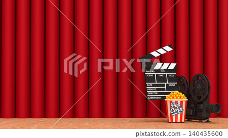 Cinema Stage Scene With Popcorn And Film Clapperboard 3d render. Cinema Stage Scene With Popcorn And Film Clapperboard 3d render. 140435600