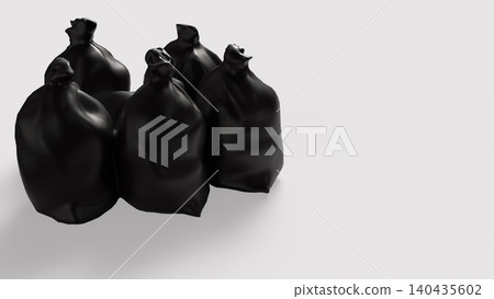 Black Garbage Bags On Minimal Clean Background 3d render. Black Garbage Bags On Minimal Clean Background 3d render. 140435602