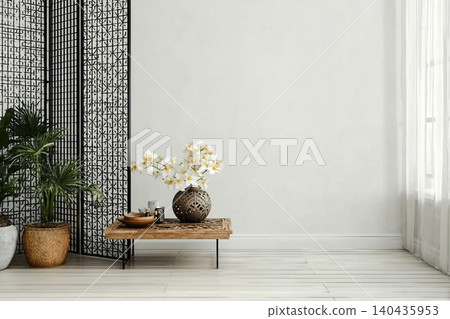 Table with decor and folding screen indoors. Interior design 140435953