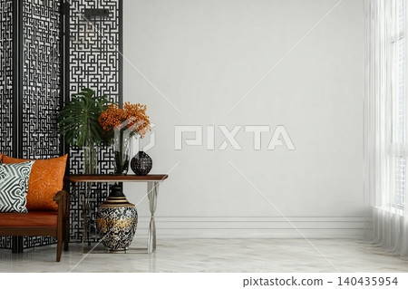 Table with decor and folding screen indoors. Interior design Table with decor and folding screen indoors. Interior design 140435954