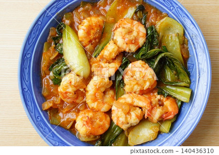 Stir-fried shrimp and blue poppies Stir-fried shrimp and blue poppies 140436310