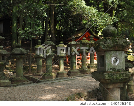 A moss-covered stone lantern standing in the grounds of Kasuga Taisha Shrine A moss-covered stone lantern standing in the grounds of Kasuga Taisha Shrine 140436348