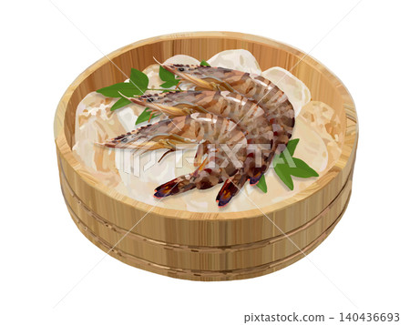 Prawns (in a wooden bucket with ice) Prawns (in a wooden bucket with ice) 140436693