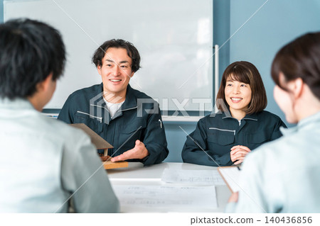 來自建築業的男女商務人士身著工作服,使用住宅模型進行商務談判、解釋和演示。 來自建築業的男女商務人士身著工作服,使用住宅模型進行商務談判、解釋和演示。 140436856