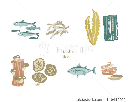一組用於製作日式高湯(dashi)的配料彩色插圖。 一組用於製作日式高湯(dashi)的配料彩色插圖。 140436921