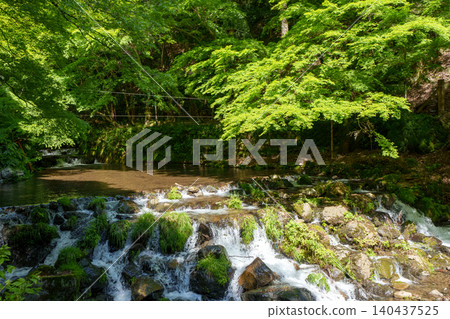 A waterfall surrounded by fresh greenery A waterfall surrounded by fresh greenery 140437525