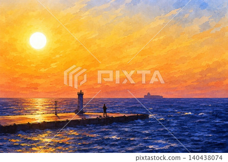 Sunset over the sea and a fisherman 140438074
