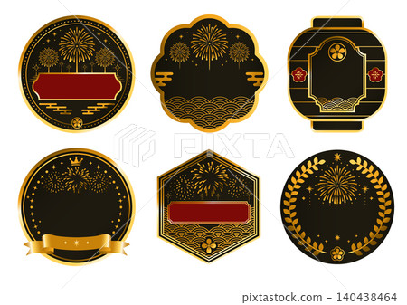 Fireworks and Japanese pattern gold and black frame badge set - New Year's celebration event label 140438464