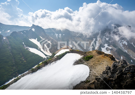 從上富良野町的三段山拍攝的十勝山脈,火山噴發出滾滾濃煙。 從上富良野町的三段山拍攝的十勝山脈,火山噴發出滾滾濃煙。 140438797