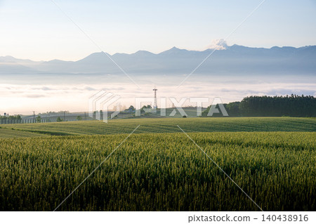 A landscape photographed from a hill in Furano City, showing the Tokachi Mountain Range, a sea of clouds, and fields. A landscape photographed from a hill in Furano City, showing the Tokachi Mountain Range, a sea of clouds, and fields. 140438916