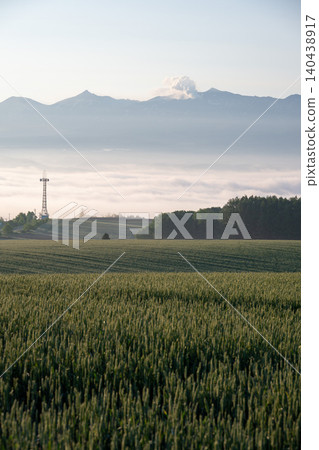 A landscape photographed from a hill in Furano City, showing the Tokachi Mountain Range, a sea of clouds, and fields. A landscape photographed from a hill in Furano City, showing the Tokachi Mountain Range, a sea of clouds, and fields. 140438917